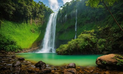 Naklejka na ściany i meble Panoramic photo landscape / Waterfall hidden in the tropical jungle, amazing nature