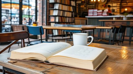 book in a library. A cup of coffee next to an open book in the background of bookshelves.