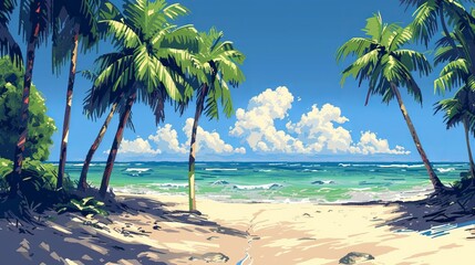 Tall, thin palm trees line the sandy shores, with their green fronds swaying in the pixelated beauty breeze