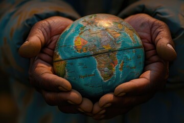 The hands of an elderly man are holding a globe. There is a globe of the earth in the palms of a person.