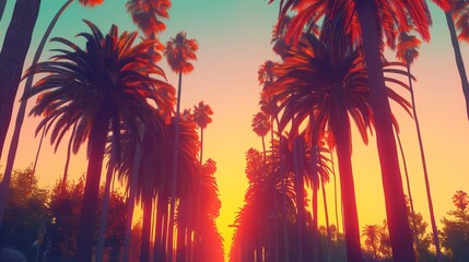 Tall, slender palm trees line the streets, their pixelated fronds swaying gently in the beauty breeze - obrazy, fototapety, plakaty