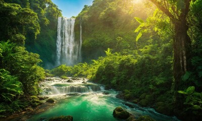 Fototapeta na wymiar Jungle landscape with flowing turquoise water, amazing nature