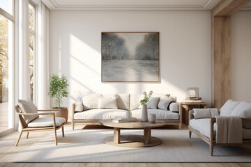 A bright living room with white walls, adorned with Scandinavian-inspired artwork and furniture in muted tones, creating a serene and inviting atmosphere.