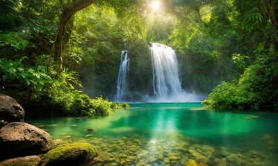 Jungle landscape with flowing turquoise water, amazing nature