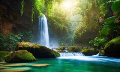Fototapeta na wymiar Jungle landscape with flowing turquoise water, amazing nature