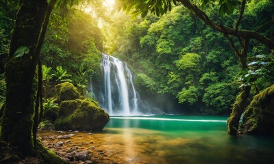 Jungle landscape with flowing turquoise water, amazing nature