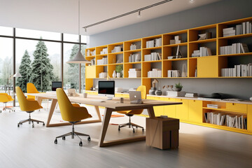 A bright, open-concept office area featuring minimalist desks and shelving units in contrasting colors, creating a visually stunning workspace.