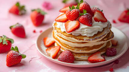 Obraz na płótnie Canvas A stack of pancakes is topped with whipped cream and strawberries.