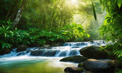 Beautiful mountain rainforest waterfall with fast flowing water and rocks, amazing nature