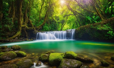 Obraz premium Beautiful mountain rainforest waterfall with fast flowing water and rocks, amazing nature