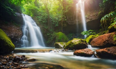 Obraz premium Beautiful mountain rainforest waterfall with fast flowing water and rocks, amazing nature