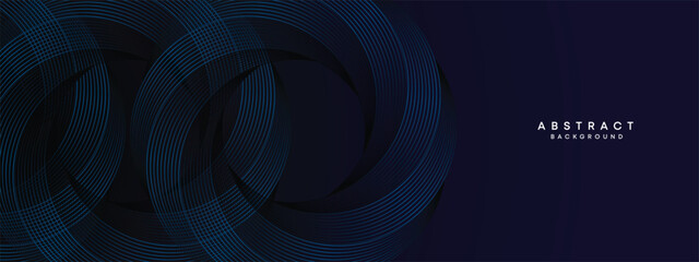 Dark Navy Blue Abstract Waving Circles Lines Technology Background. Modern Blue Gradient with Glowing Lines Shiny Geometric Shape Diagonal. for Brochure, Cover, Poster, Banner, Website, Header, flyer