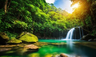 Obraz premium Beautiful mountain rainforest waterfall with fast flowing water and rocks, amazing nature