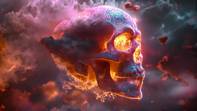 Neon synthwave skull exploding neon lights with smoke moving around. 4k video colorful effect
