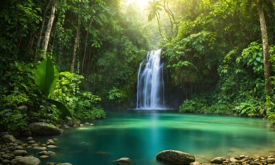 Beautiful mountain rainforest waterfall with fast flowing water and rocks, amazing nature