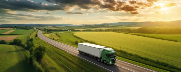 Truck driving on asphalt road along green landscape. Generative ai