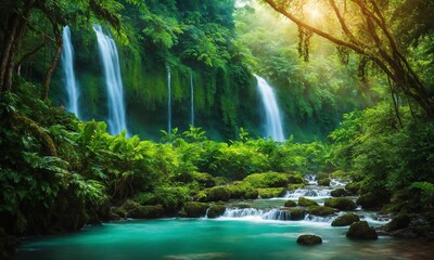 Beautiful mountain rainforest waterfall with fast flowing water and rocks, amazing nature