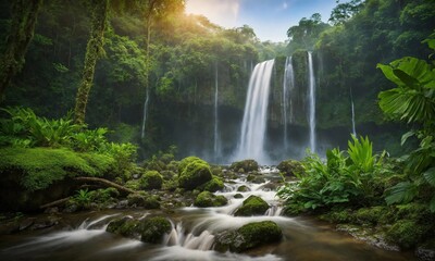 Beautiful mountain rainforest waterfall with fast flowing water and rocks, amazing nature