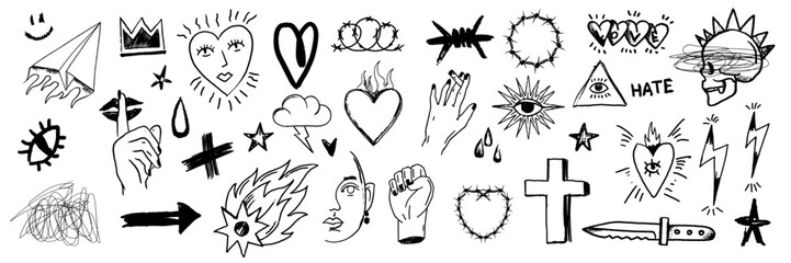 Grunge doodle print set, vector black line tattoo punk element, love heart sign, skull, hands. Ink marker scribble collection, urban graffiti sketch, wax crayon pen emo icon. Grunge doodle y2k design © Oleksandra