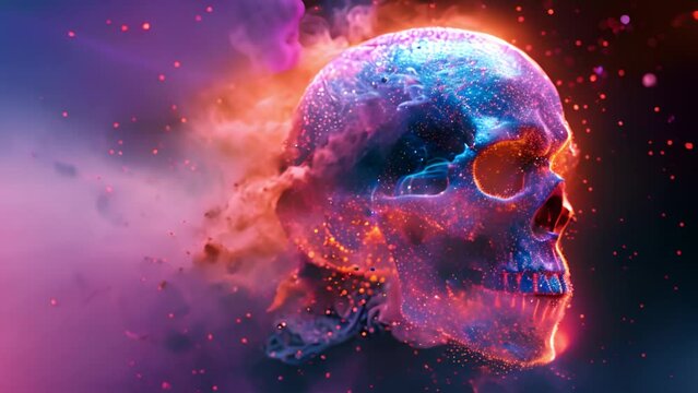 Neon synthwave skull exploding neon lights with smoke moving around. 4k video colorful effect