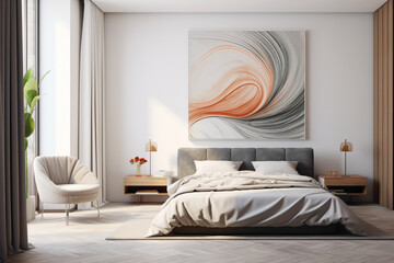 A burst of energy in a modern bedroom, an empty frame adding contrast against a wall adorned with dynamic, abstract patterns.