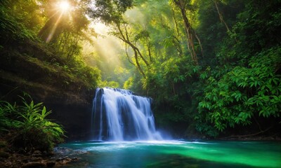 Waterfall hidden in the tropical jungle, amazing nature