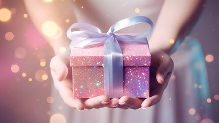 Fototapeta premium Ribbon pink gift box held by two hands wide wallpaper. 
