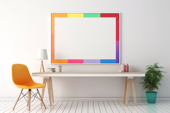 A captivating image of an office interior with a blank white empty frame, showcasing minimalistic details, mockup aesthetics, and a lively array of simple, colorful tones.