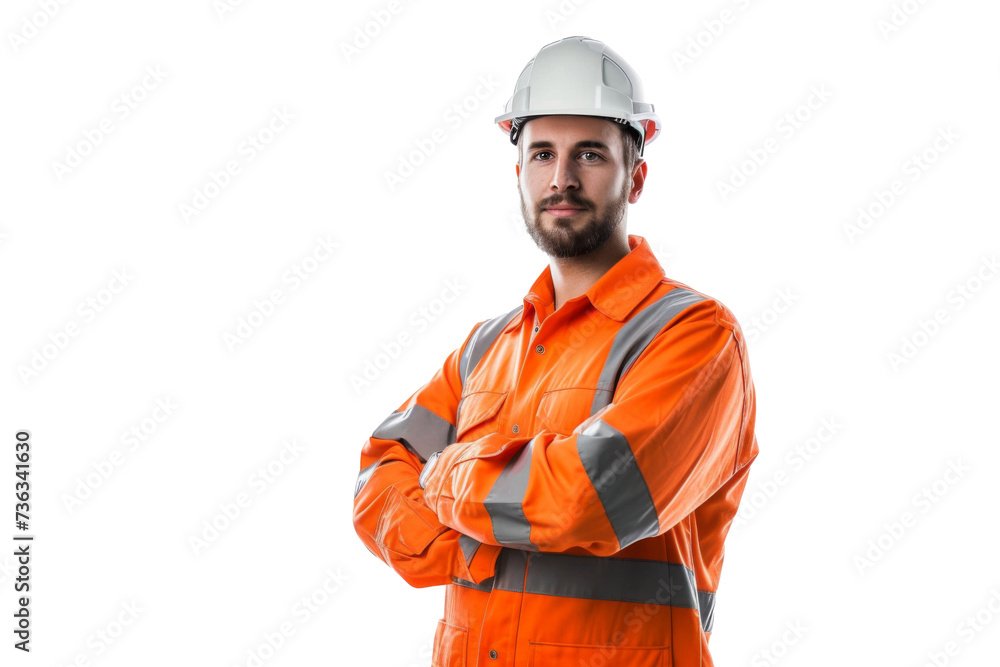 Wall mural Smart young engineer building or constructor worker with safety uniform, vest and safety hat isolated on transparent background, planning project.