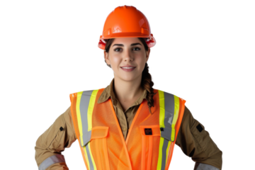 Smart young engineer building or constructor worker with safety uniform, vest and safety hat isolated on transparent background, planning project.