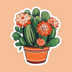 Cactus Bloom. Vector Graphic Illustration of Cactus with Flowers in Pot, Celebrating Desert Beauty and Growth.