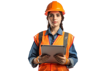 Smart young engineer building or constructor worker with safety uniform, vest and safety hat isolated on transparent background, planning project.