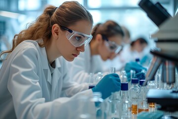 A group of female students doing chemistry lab class with eye protection and test tubes, Generative AI.