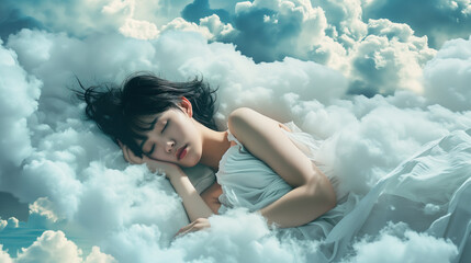 asian woman sleeping peacefully on soft clouds in the sky
