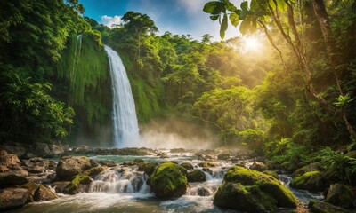 Fototapeta premium River deep in mountain forest, amazing nature