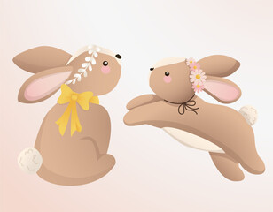 Cute cartoon rabbits. Funny furry  hares, Easter bunnies standing, sitting, running, jumping, sleeping. Set of flat cartoon vector illustrations isolated on background