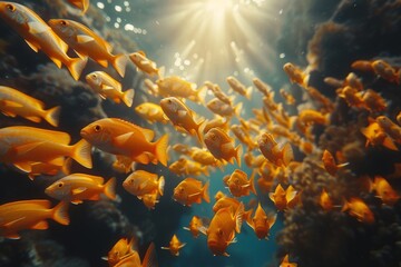 Fototapeta na wymiar A mesmerizing school of golden fish gracefully glides through the crystal clear waters of the aquarium, showcasing the diverse beauty of marine life and capturing the wonder of nature