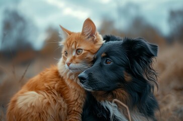 Cat and black dog together, gazing into distance
