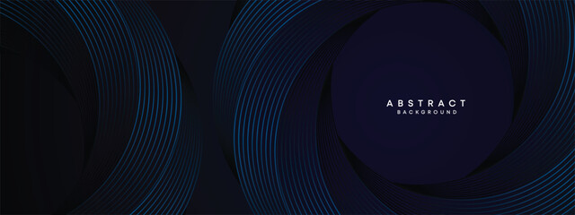 Dark Navy Blue Abstract Waving Circles Lines Technology Background. Modern Blue Gradient with Glowing Lines Shiny Geometric Shape Diagonal. for Brochure, Cover, Poster, Banner, Website, Header, flyer