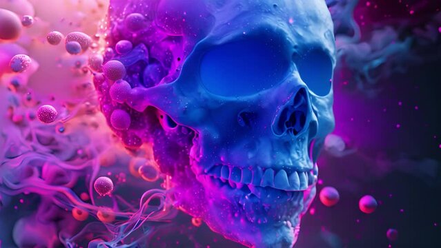 Neon synthwave skull exploding neon lights with smoke moving around. 4k video colorful effect