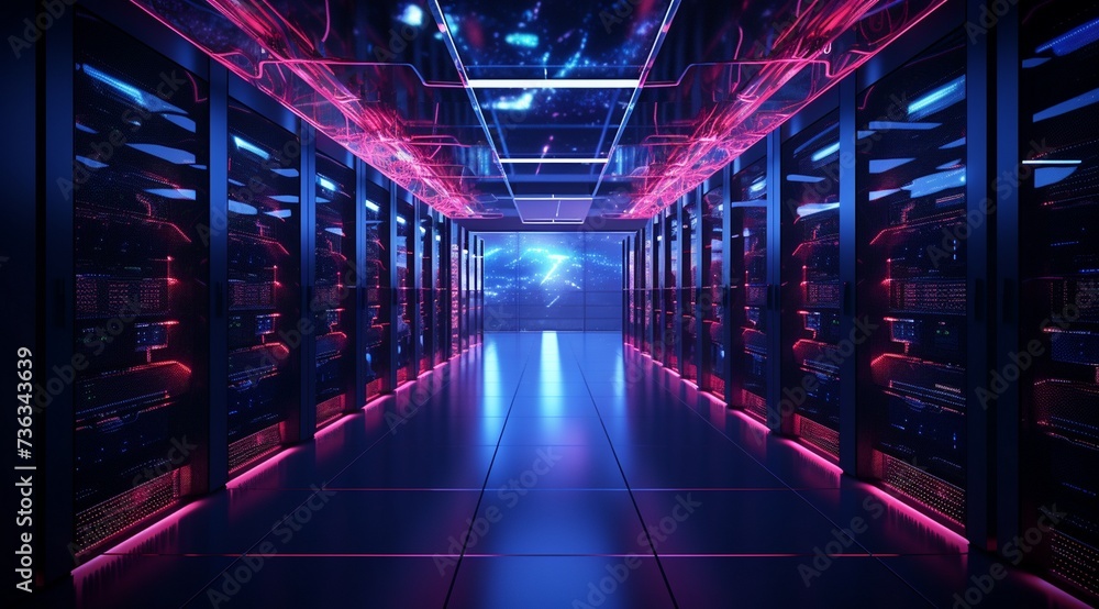 Aufkleber computer servers in a server room with colorful lights generated by ai