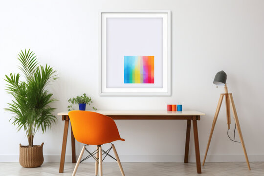 A captivating snapshot of an office interior, featuring a clean, empty white frame against a minimalist backdrop, mockup elements, and a burst of colorful details.