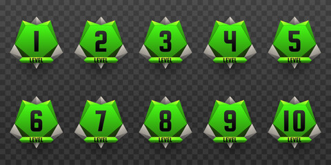 Green and Metal Border Game Level Up Badges Set for Game UI Designs - obrazy, fototapety, plakaty