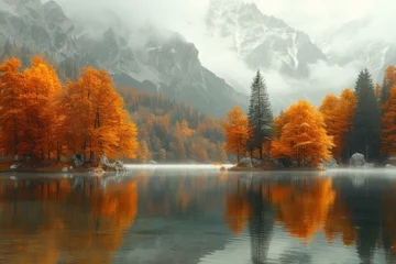 Zelfklevend Fotobehang A serene autumn scene unfolds as fog hovers over a lake, casting a misty veil over the orange trees and mountains in the background © familymedia