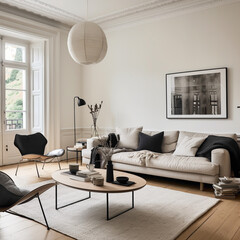 A chic and airy Scandinavian living room with a combination of light and dark elements, creating a timeless and sophisticated aesthetic.