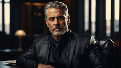 Portrait of a middle aged businessman in black suit sitting in the chair. AI generated