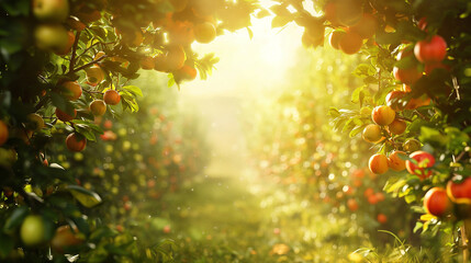 Garden with trees and fruits on a sunny day. Seasonal background. Flowering orchard in summer time.