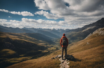 Fototapeta premium Backside of a hiker man on mountain. AI generated