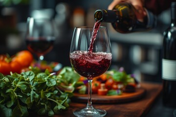 A hand delicately pours red wine into a tall stemware glass, evoking the indulgent pleasure of an indoor wine tasting surrounded by lush plants and elegant barware - obrazy, fototapety, plakaty