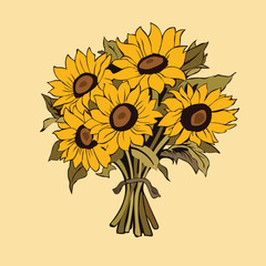 Sunflower Serenade. Vector Graphic Illustration of a Bouquet Featuring Bright Sunflowers, Capturing the Essence of Cheerful Radiance.